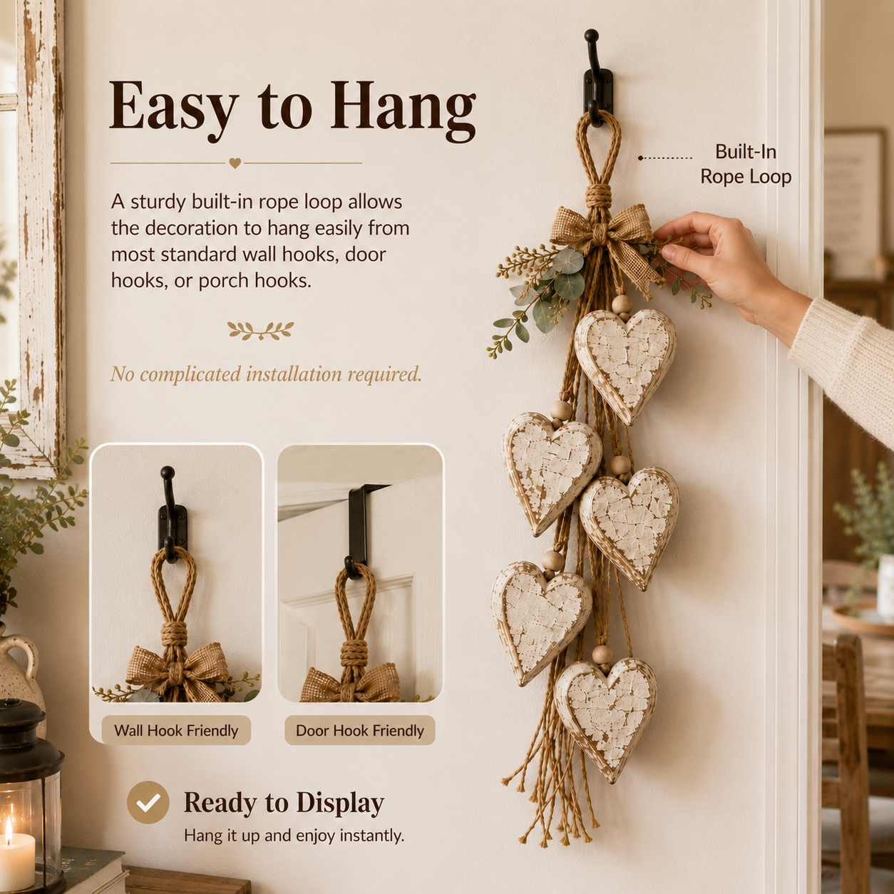 Five-Heart Hanging Wall Decor – Rustic Farmhouse & Coastal Styles