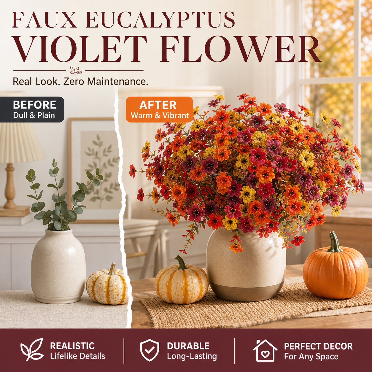 🍂🧡Artificial Autumn Violet Silk Flower Bouquet✨Weatherproof Faux Fall Floral Stems, Front Porch & Table Arrangement, Halloween Home Decor