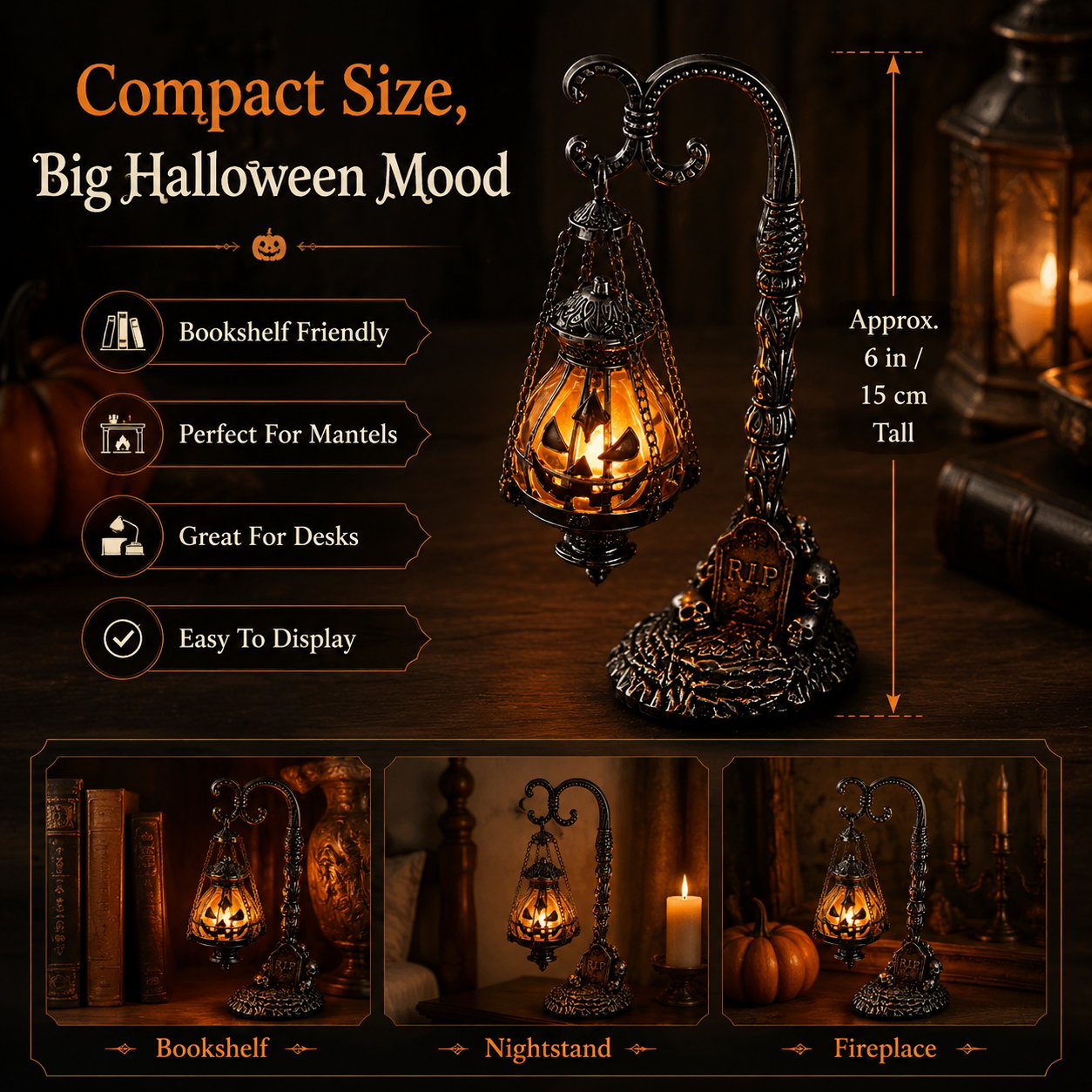 🎃 Gothic Pumpkin Lantern Stand | Warm Orange LED Glow, Victorian Skull Details & Haunted Shelf Decor 🕯️