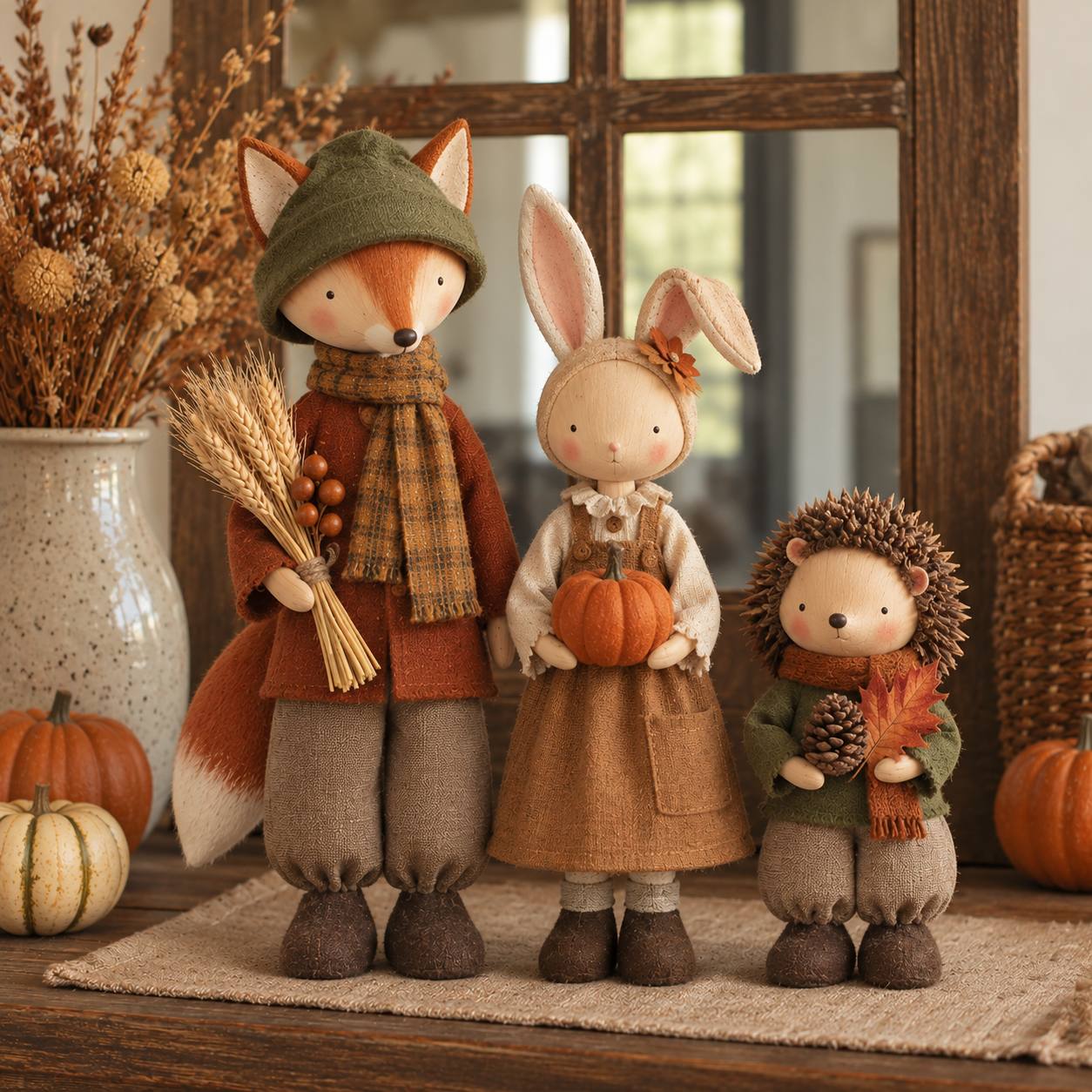 🍂 Three Little Forest Friends – Fox, Bunny & Hedgehog Harvest Figurine Set