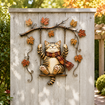 🐱🍂 Cozy Cat Swing Fall Wall Art – Rustic Autumn Metal Home Decor