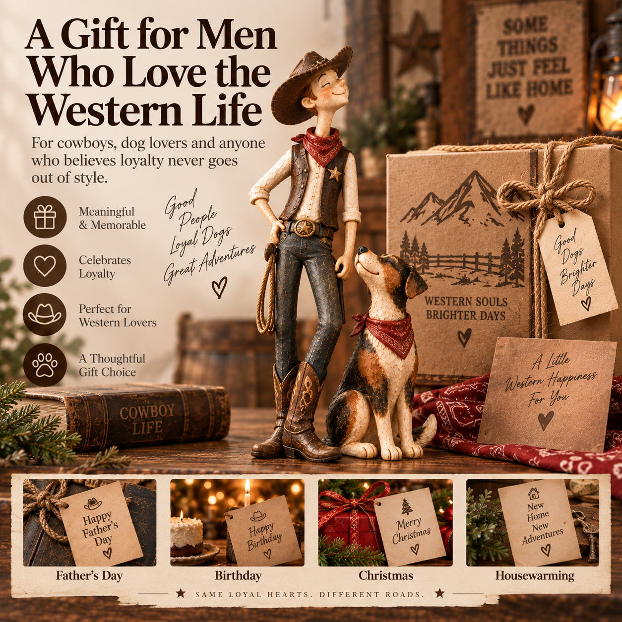Cowboy & Loyal Dog Figurine Set – Rustic Western Home Decor & Gift for Men