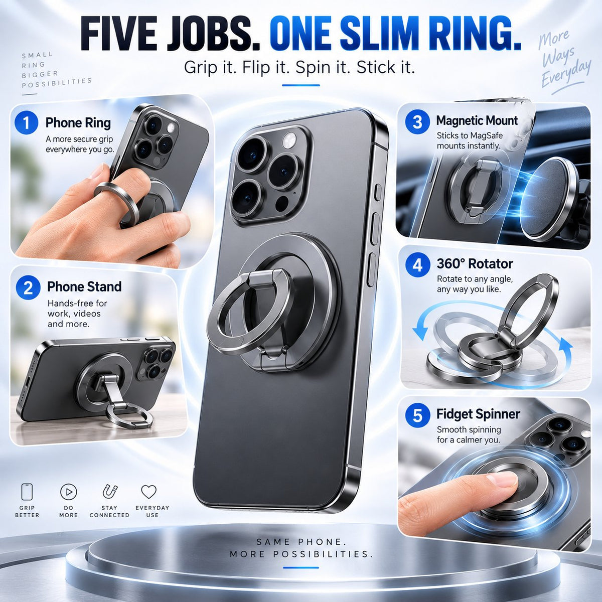 🧲 Snap. Spin. Stand. — 360° Dual-Magnetic MagSafe Phone Ring & Fidget Stand