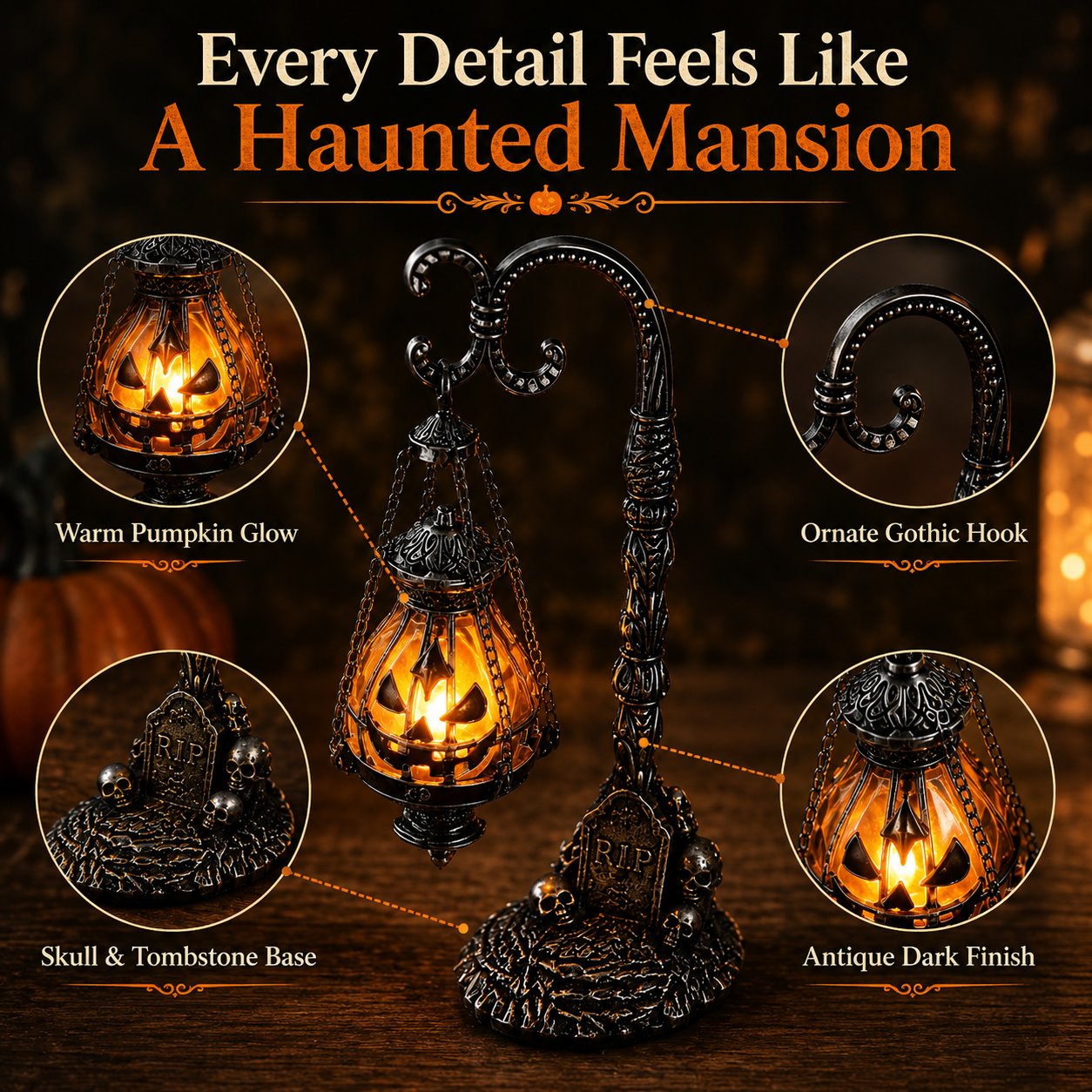 🎃 Gothic Pumpkin Lantern Stand | Warm Orange LED Glow, Victorian Skull Details & Haunted Shelf Decor 🕯️