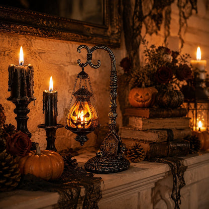🎃 Gothic Pumpkin Lantern Stand | Warm Orange LED Glow, Victorian Skull Details & Haunted Shelf Decor 🕯️