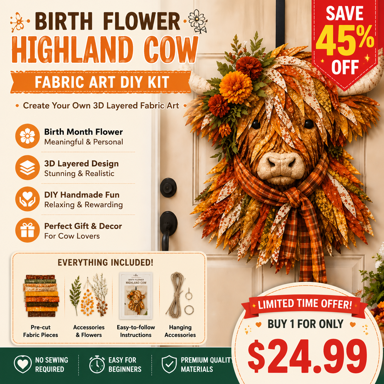 🐮 Custom Birth Flower Highland Cow 3D Textile Art, Handmade Layered Fabric Wall Decoration, Personalized Farmhouse Home Decor Gift(Beginner-friendly) 🔥 Buy 3 Free Shipping