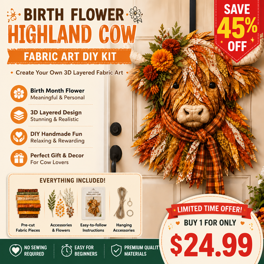 🐮 Custom Birth Flower Highland Cow 3D Textile Art, Handmade Layered Fabric Wall Decoration, Personalized Farmhouse Home Decor Gift(Beginner-friendly) 🔥 Buy 3 Free Shipping