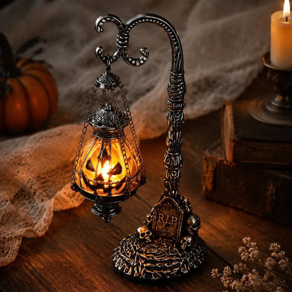 🎃 Gothic Pumpkin Lantern Stand | Warm Orange LED Glow, Victorian Skull Details & Haunted Shelf Decor 🕯️