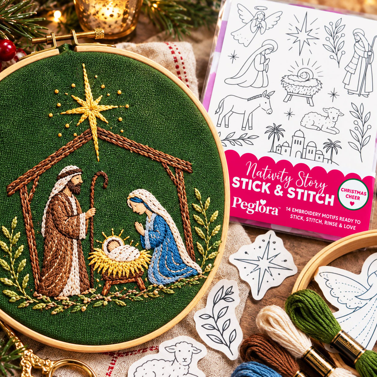 🎄Peglora Christmas Stick & Stitch Embroidery Pattern Pack – 5 Sheets / 70 Wash-Away Embroidery Motifs🧵