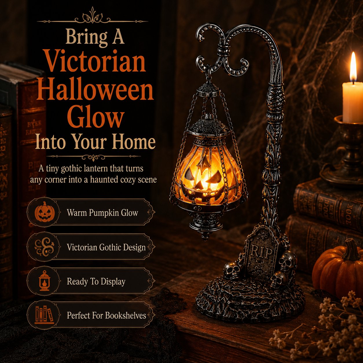 🎃 Gothic Pumpkin Lantern Stand | Warm Orange LED Glow, Victorian Skull Details & Haunted Shelf Decor 🕯️
