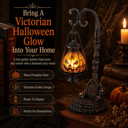 🎃 Gothic Pumpkin Lantern Stand | Warm Orange LED Glow, Victorian Skull Details & Haunted Shelf Decor 🕯️