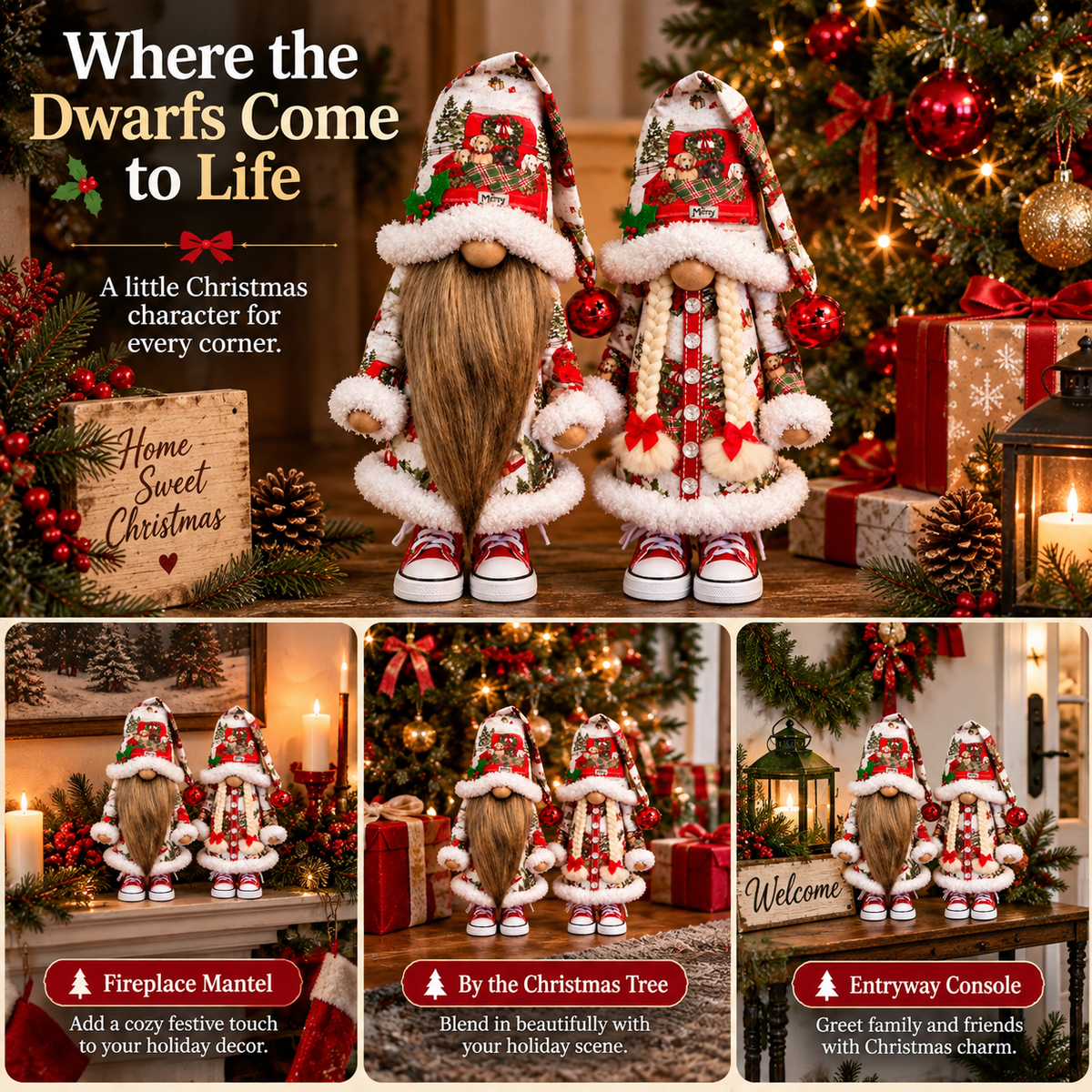 🎄 Festive Dwarf Couple Long Beard & Braided Hair Christmas Figurines