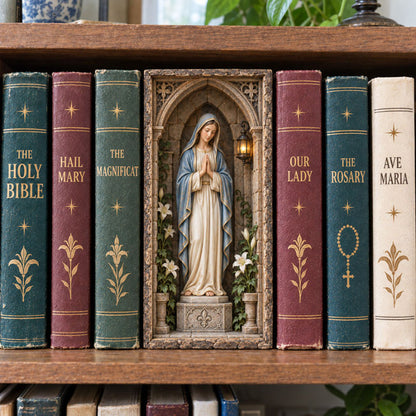 Our Lady’s Quiet Corner — A Sacred Bookshelf Keepsake ✨
