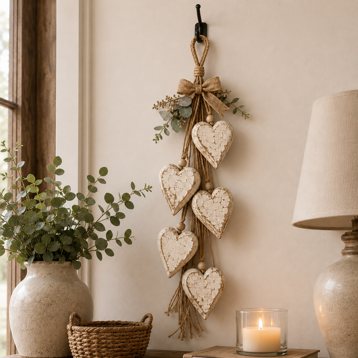 Five-Heart Hanging Wall Decor – Rustic Farmhouse & Coastal Styles